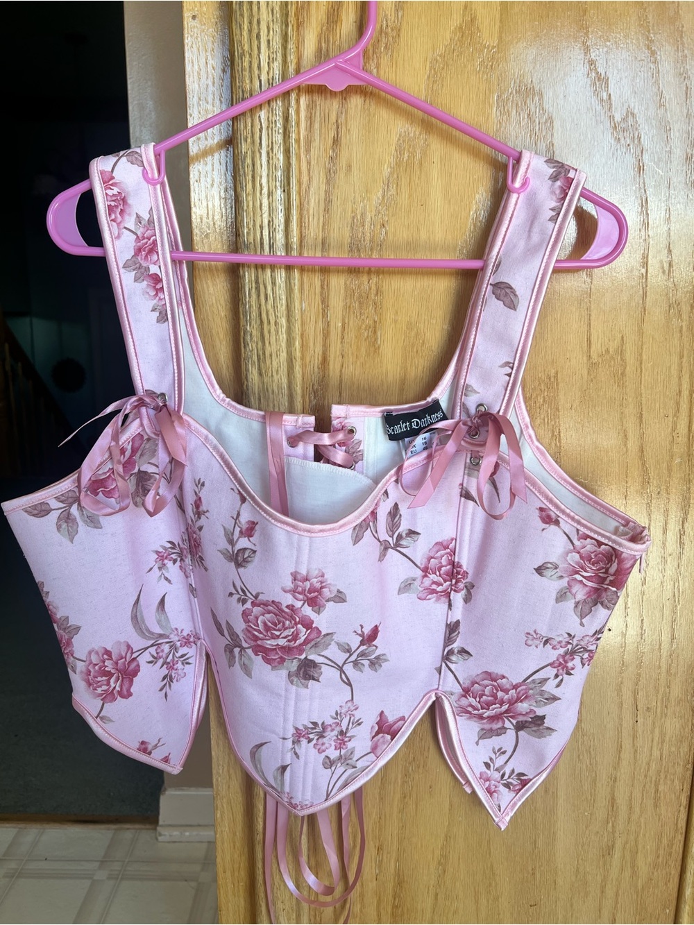 Romantic Cottagecore Pink Floral Corset with Irregular Hem - Size 16